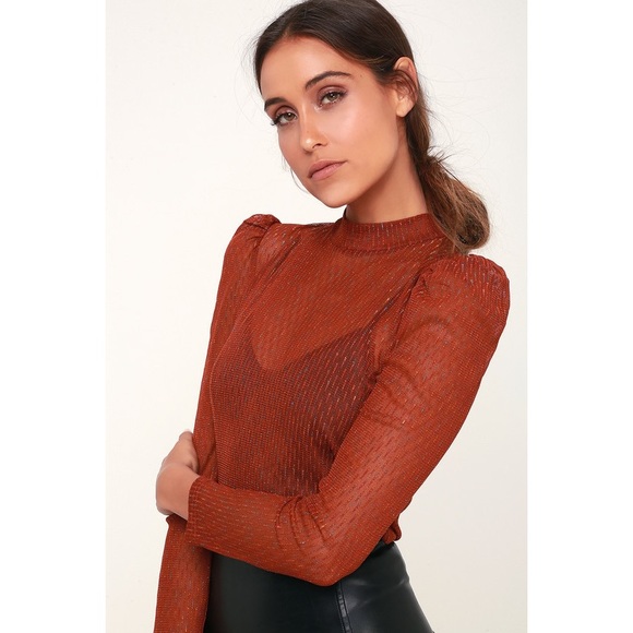 Rust Orange Sheer Long Sleeve Mock Neck Top - Picture 2 of 5